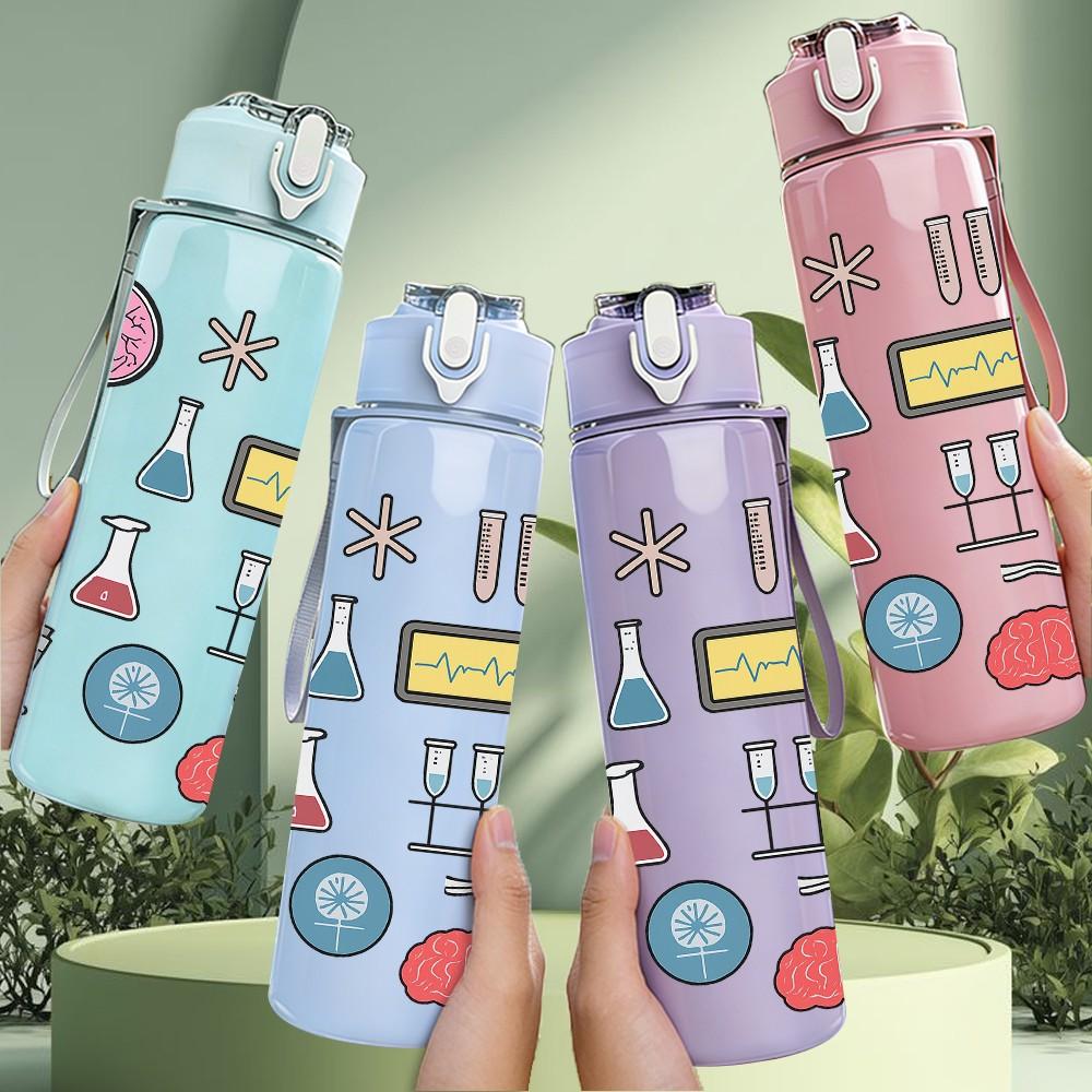 1PC Brain Gear Bulb Science Pattern Print 750ml Color Plastic Sports Water Bottle Leakproof Flip Straw Lid Suitable for Sports Office Home Use