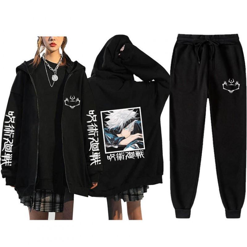 Unisex Winter Casual Sport Set With Anime Print Hooded Zip-Up Sweatshirt Jogger Pants Cotton Blend