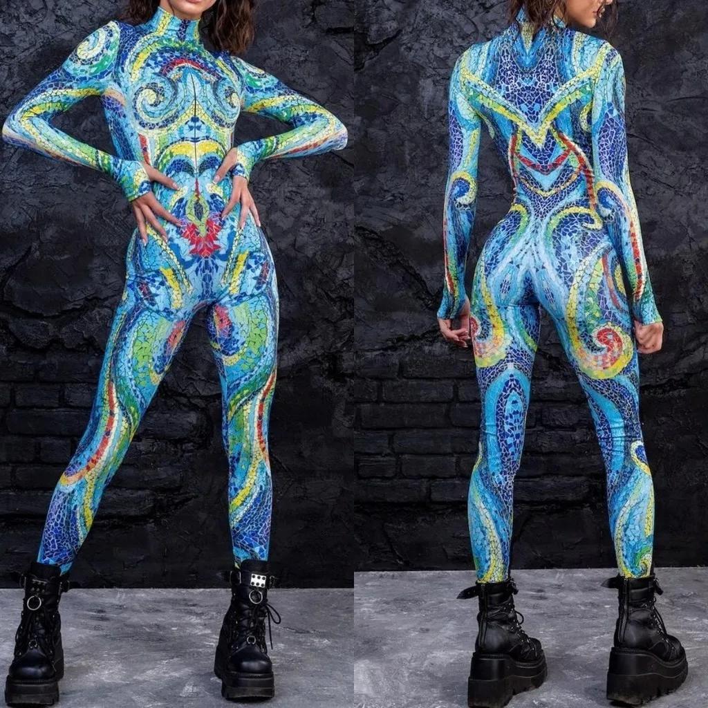 3D Digital Printing Stage Performance Costumes Adults Halloween Events Carnival Theme Party Cosplay Outfit Pretend Game Jumpsuit