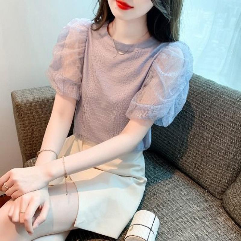 Women s Crew Neck Short Sleeve Blouse Loose Fit Commuter Style Puff Sleeve Mesh Patchwork Elegant Summer Chiffon Top S