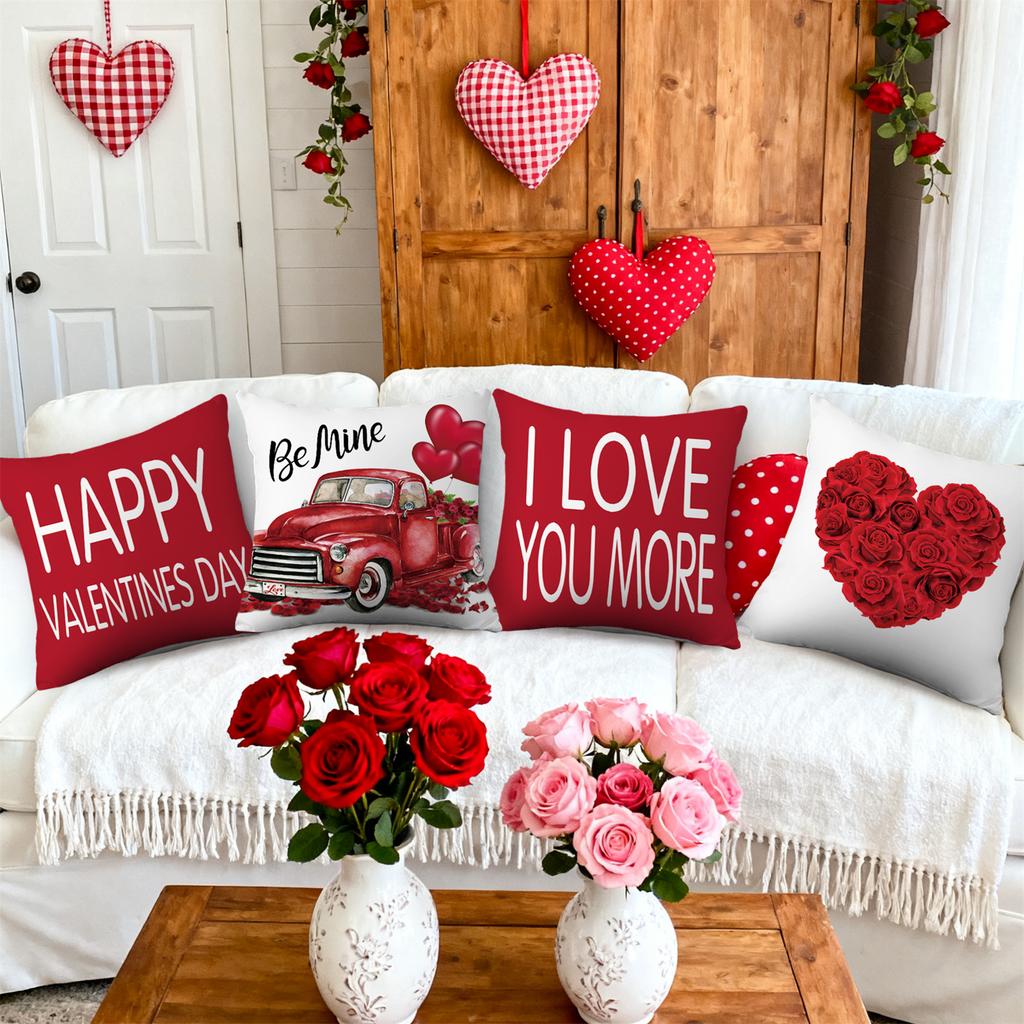 4pcs Valentine's Day Throw Pillow Covers I Love You More Rose Truck Love Balloon Designs, Zip Closure, Anniversary, Wedding, Party Cushion Case