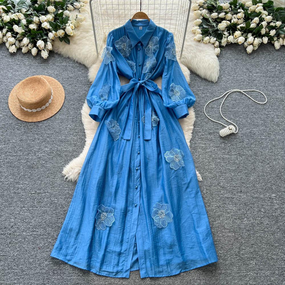 Französische Nagelperle Dreidimensionale Blume Umlegekragen Langärmelig Einreihig Riemen Taillenbetonendes Kleid für Damen