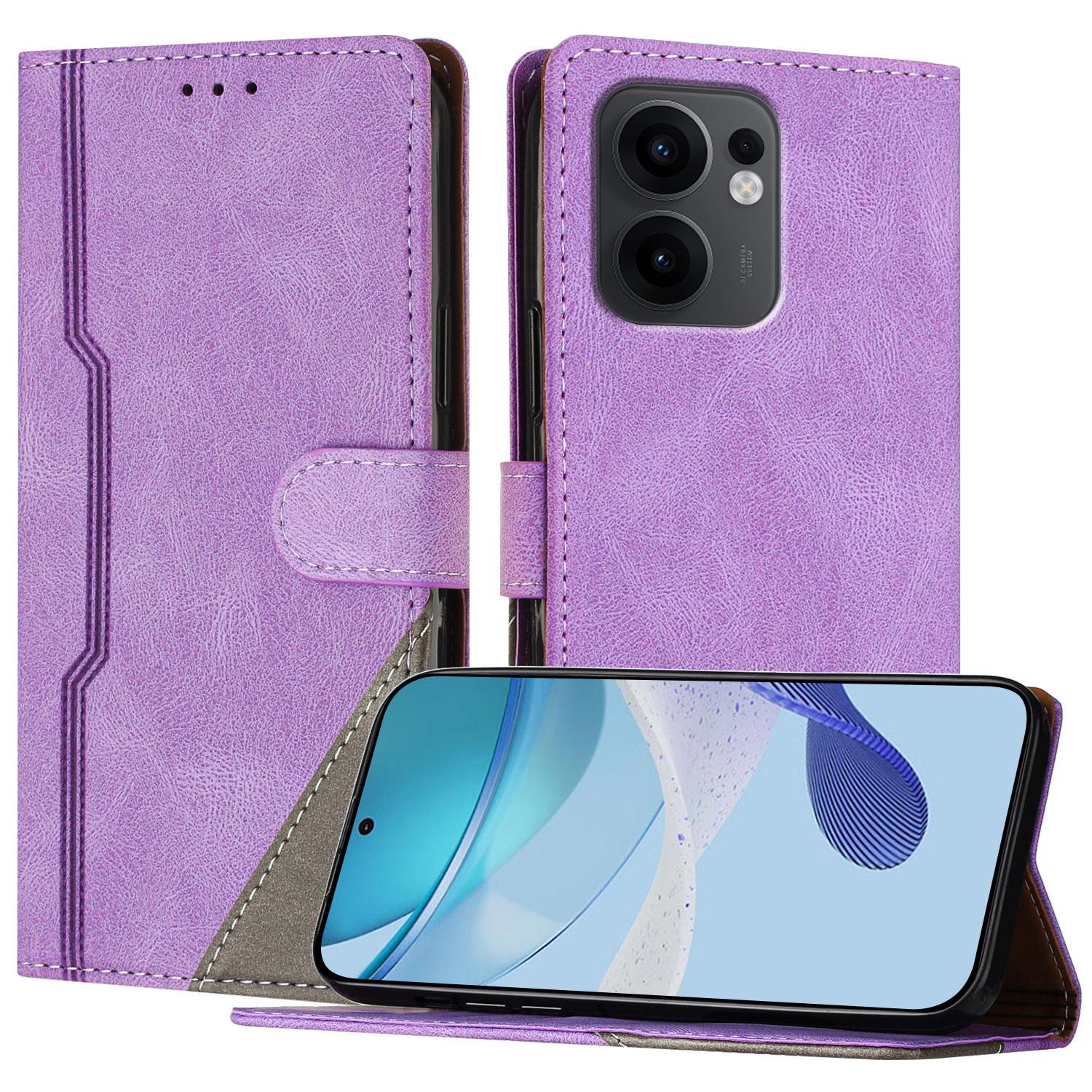 

For Oppo Reno13 F 5G Leather Case Triangle Patchwork Wallet Stand Shockproof Phone Cover Purple
