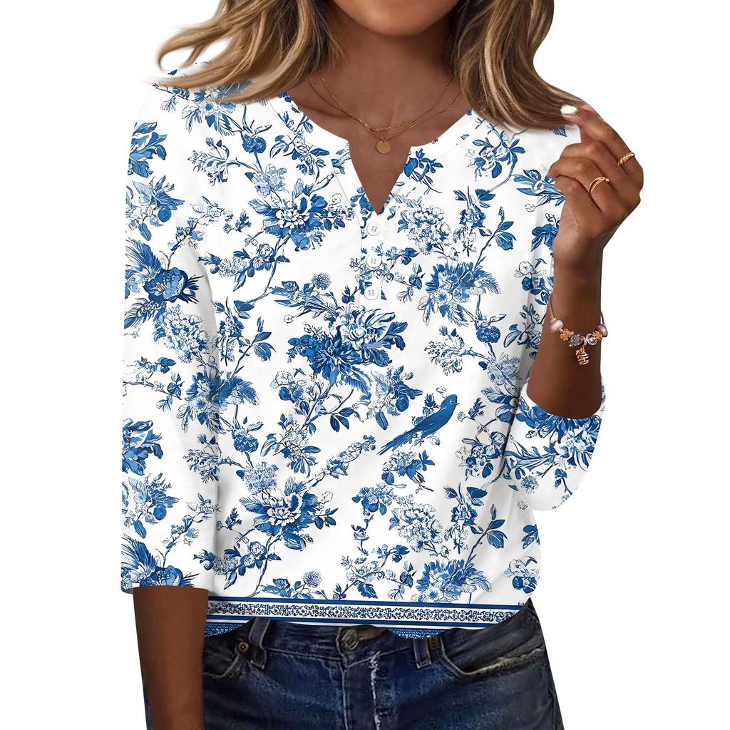 Damen T-Shirt mit Aufdruck, Knopfleiste, 3/4-Ärmel, für den Alltag, Wochenendmode, Basic, V-Ausschnitt, normales Oberteil