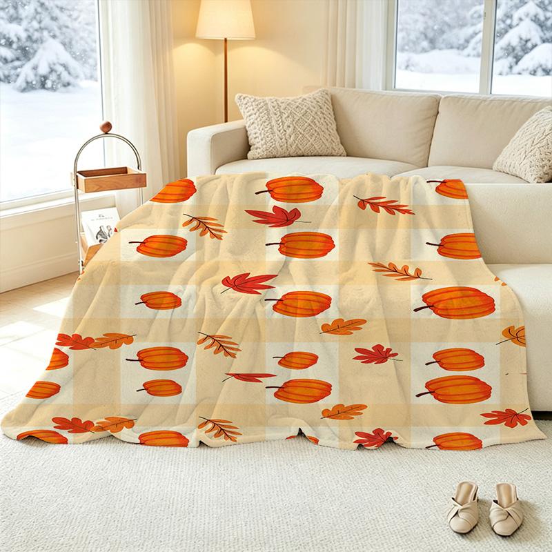High-Density Plush Flannel Fleece Blanket Pumpkin & Maple Leaf Pattern, Soft & Skin-Friendly, Portable for Home & Car, Warm Fall Air-Condition Cover