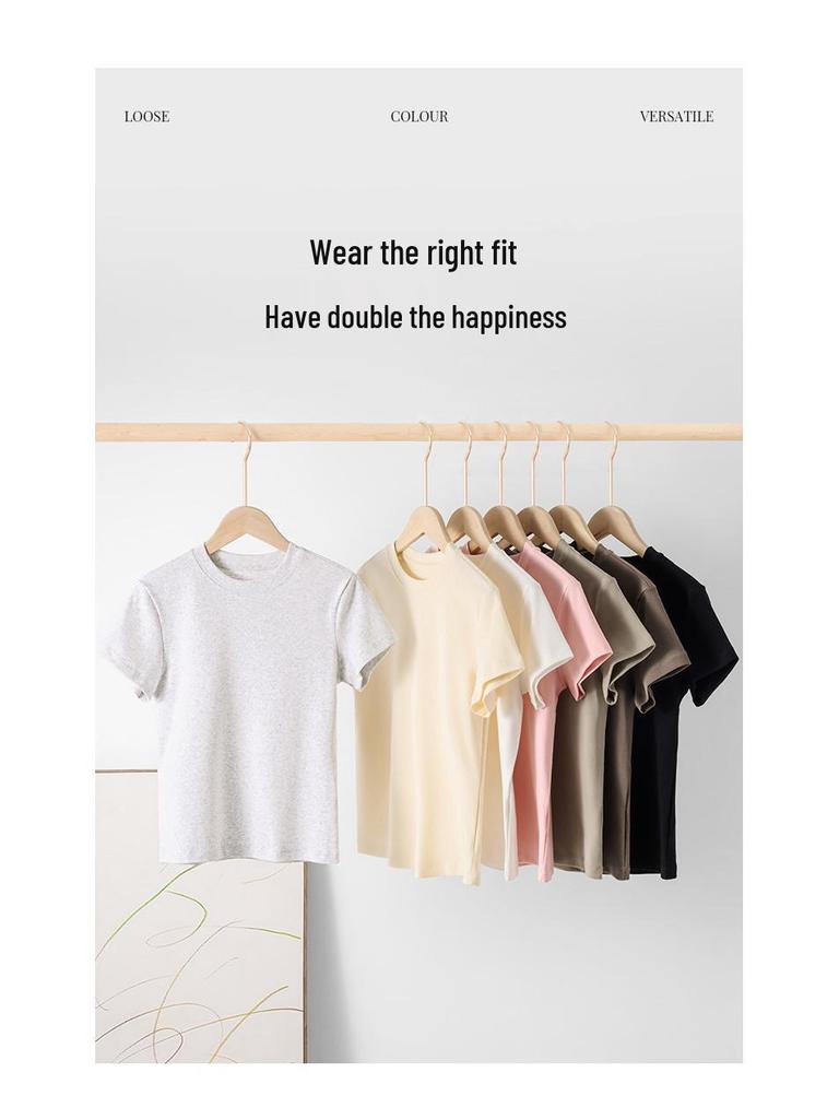 French Style Slim Fit Round Neck T-Shirt for Women - 2025 Summer Short Sleeve Elastic Top