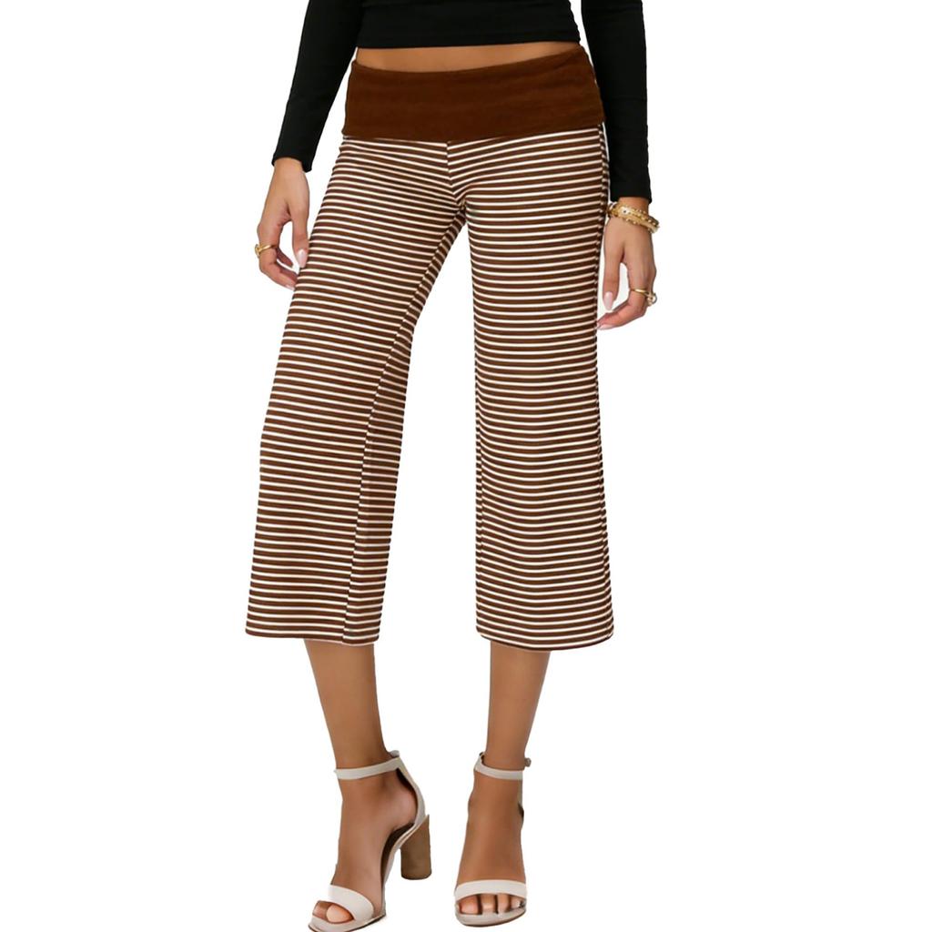 Women's Summer Casual Vacation High-Waisted Wide-Leg Striped -Color Cropped Pants