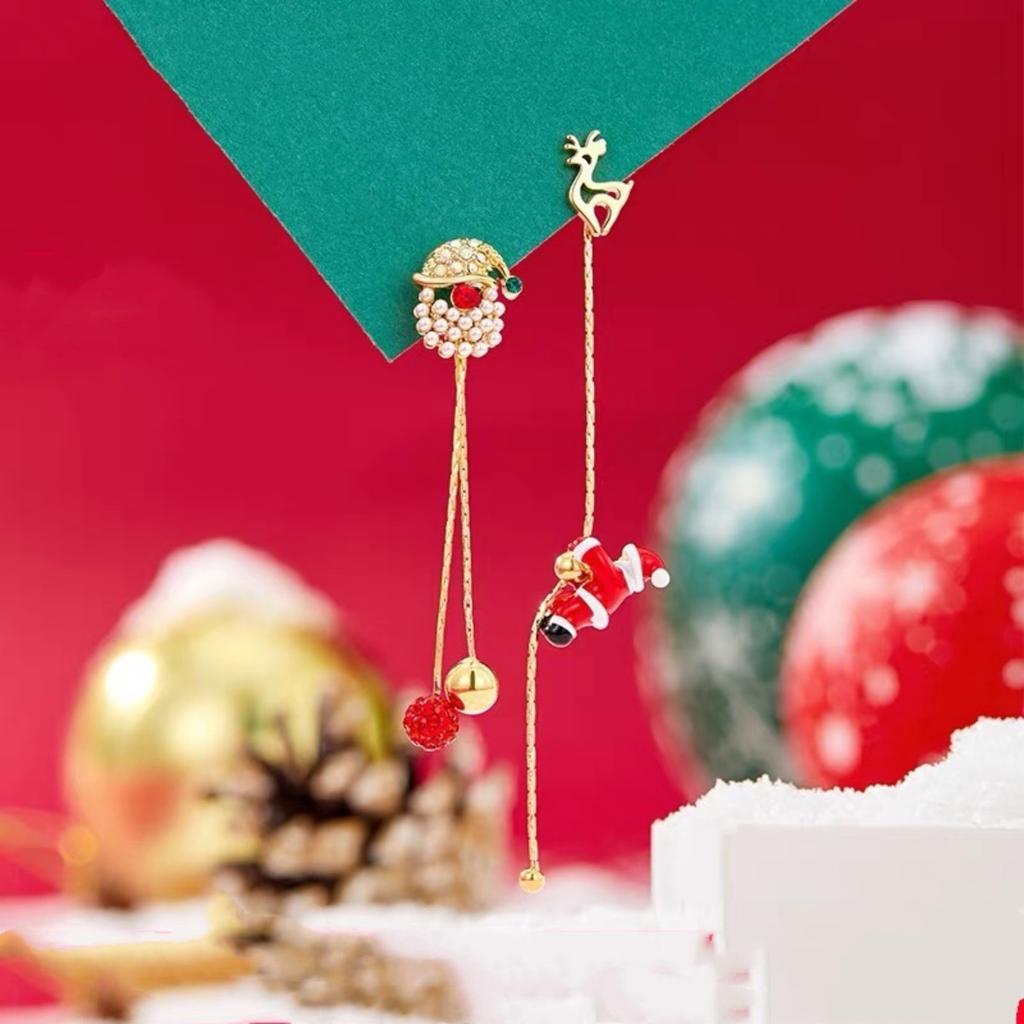 Christmas Crawling Santa Claus Asymmetric Tassel Drop Earrings Cartoon Sleigh Deer Tree Bell Glove Earring For Women Men Jewelry