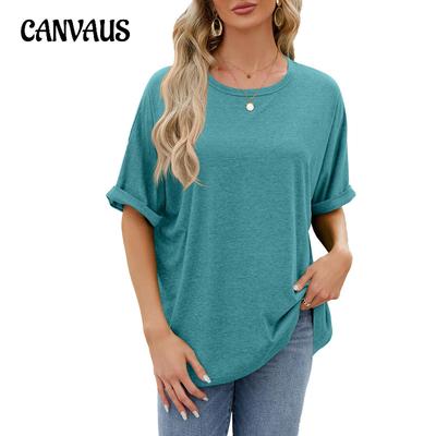 Verão nova camiseta feminina cor sólida em torno do pescoço solto de manga curta camisetas
