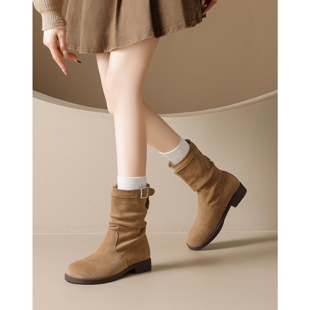 Weiwei Girl Retro British Style Women's Crinkled Martin Boots - Autumn & Winter Fashion Slip-on