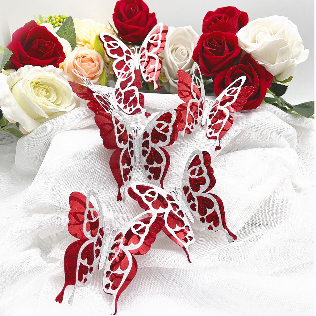 6pcs/set 3d Double Layer Butterfly Valentine's Day Decorative Wall Stickers Glitter Gold Butterfly Decorative Stickers