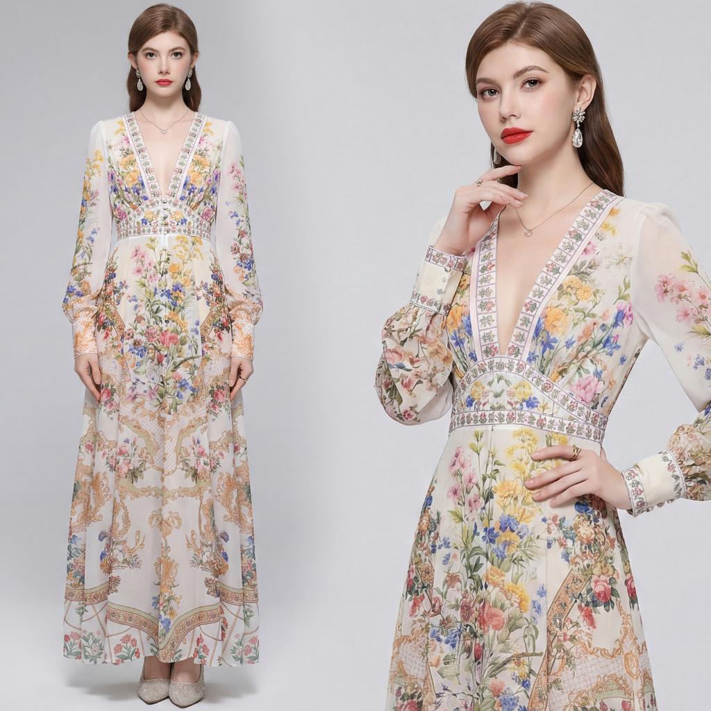 Summer Holiday Gorgeous Flower Beach Dress Women Deep V-Nek Long Sleeve Floral Print High Elastic Waist A-Line Maxi Dress