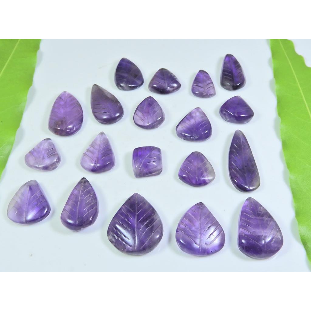 149Cts. Natural Amethyst Leaf Carving Pear Cabochon Loose Gemstone 19Pcs Lot A-539