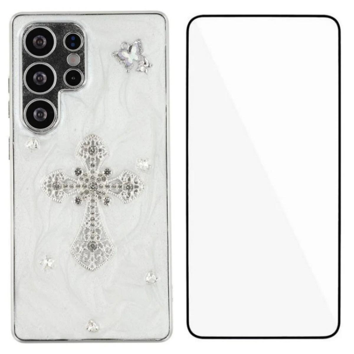 

For Samsung Galaxy S23 Ultra Case WANLONFENG Electroplated Epoxy TPU+Acrylic Phone Cover with Tempered Glass Cross
