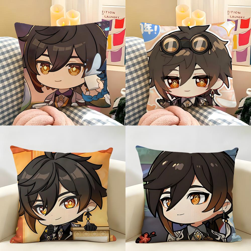 Zhongli Cute Genshin Impact Cushion Cover Natural Linen Organic Fabric DoubleSided Printing Room Sofa Decor Pillow Case