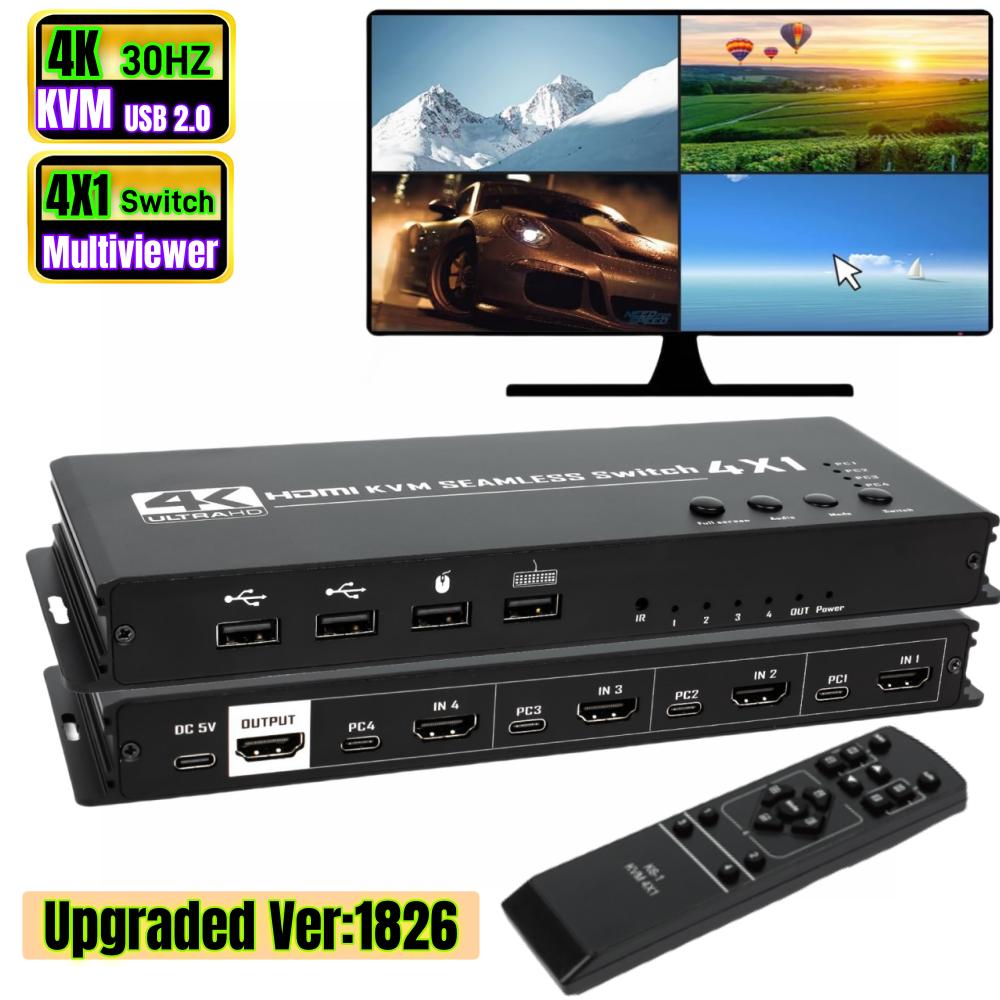 KVM HDMI 4x1 Multiviewer Switch 4K HDMI KVM 4 in 1 Out Seamless Quad Multi-viewer Video Cutting Segmentati Switcher for 4 PC