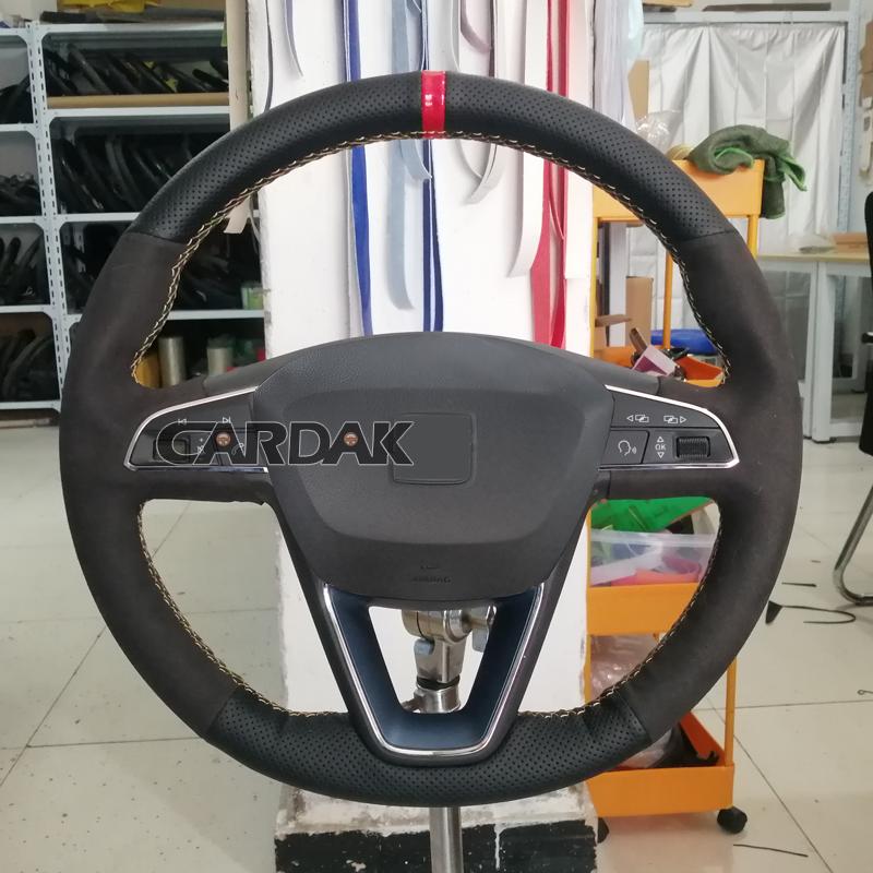 CARDAK DIY Black Leather Suede Car Steering Wheel Cover For Seat Leon 2013- Ibiza Alhambra Arona Ateca Tarraco Toledo