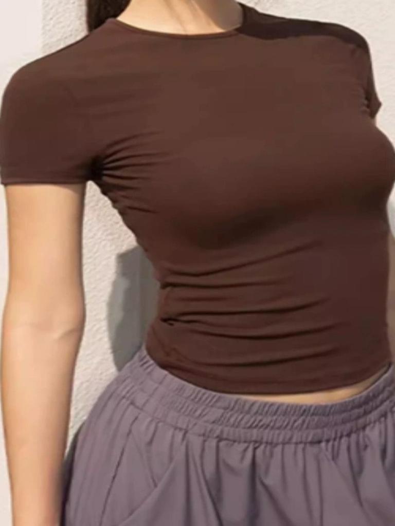 Summer Women Short Sleeve T Shirts Tight Thread High Elasticity Solid T-shirt O Neck High Waist Crop Top Tee Female Casual T Shirt