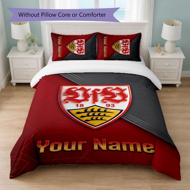 Set Biancheria da Letto Personalizzato VfB Stuttgart FC con Nome Testo 1 Copripiumino+2 Federe Logo Calcio Regalo Personalizzato per Occasioni Speciali Decorazione Camera da Letto