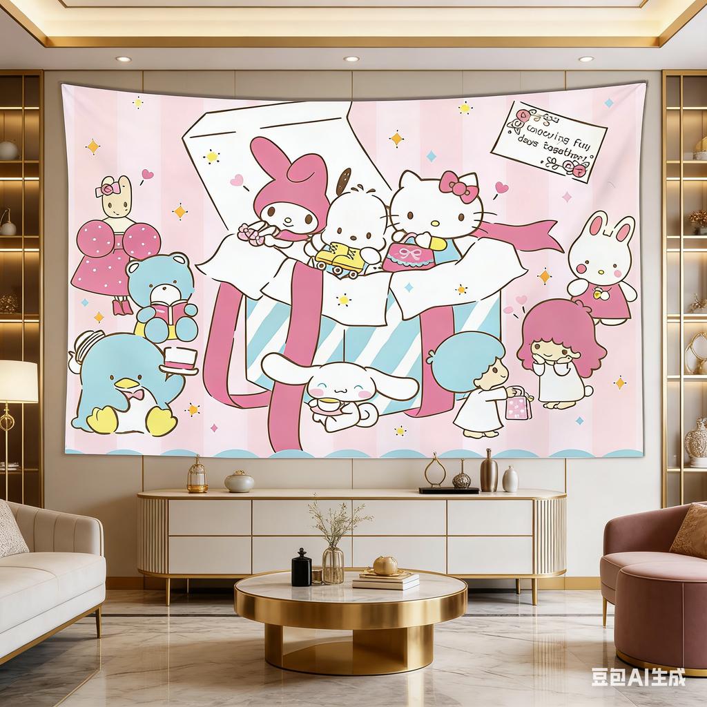Kawaii Cartoon Characters Gift Box Tapestry Sweet Pastel Group Print Polyester Wall Hanging Cute Pink Themed Home Decor for Be