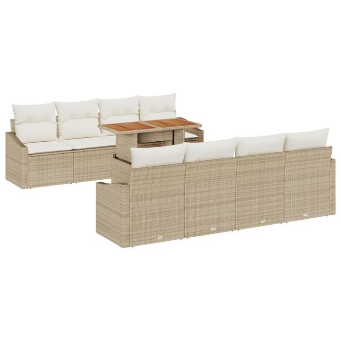 VidaXL 9 Pièces Ensemble de Salle à Manger de Jardin avec Coussins Beige Poly Rattan Acacia 3349812