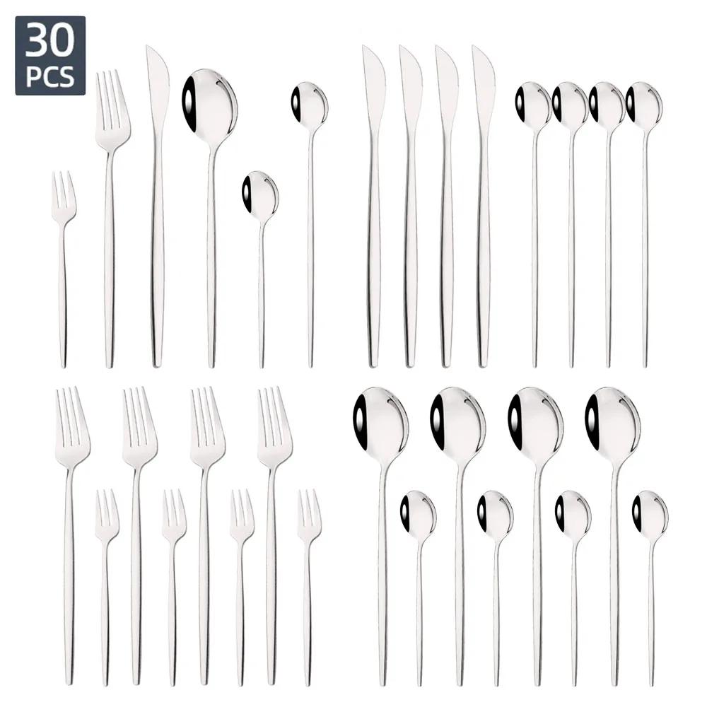 

30Pcs Dinnerware Set Mirror Silver Cutlery Set Stainless Steel Flatware Cake Fruit Fork Kitchen Knife Fork Spoon Tableware Set