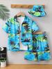 Men's Blue Ocean Palm Tree Print Short Shirt and Shorts Set, Hawaiian Beach Vacation Style Shirt Set