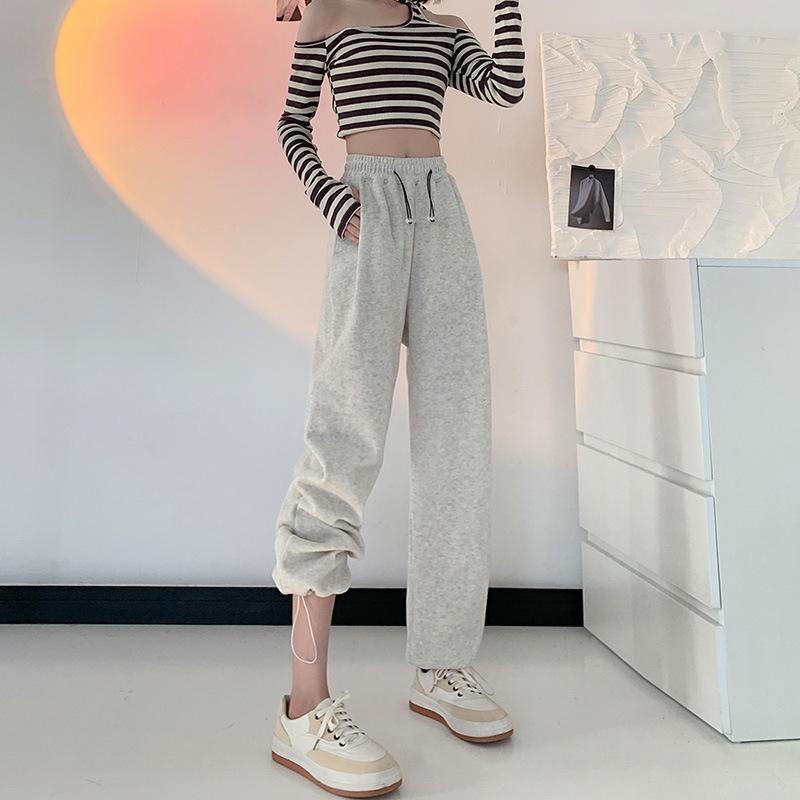 New Drawstring White Gray Sweat Pants For Women In Spring And Autumn Loose Bunched Ins For Small Men Wide Legs Casual Pants For Women