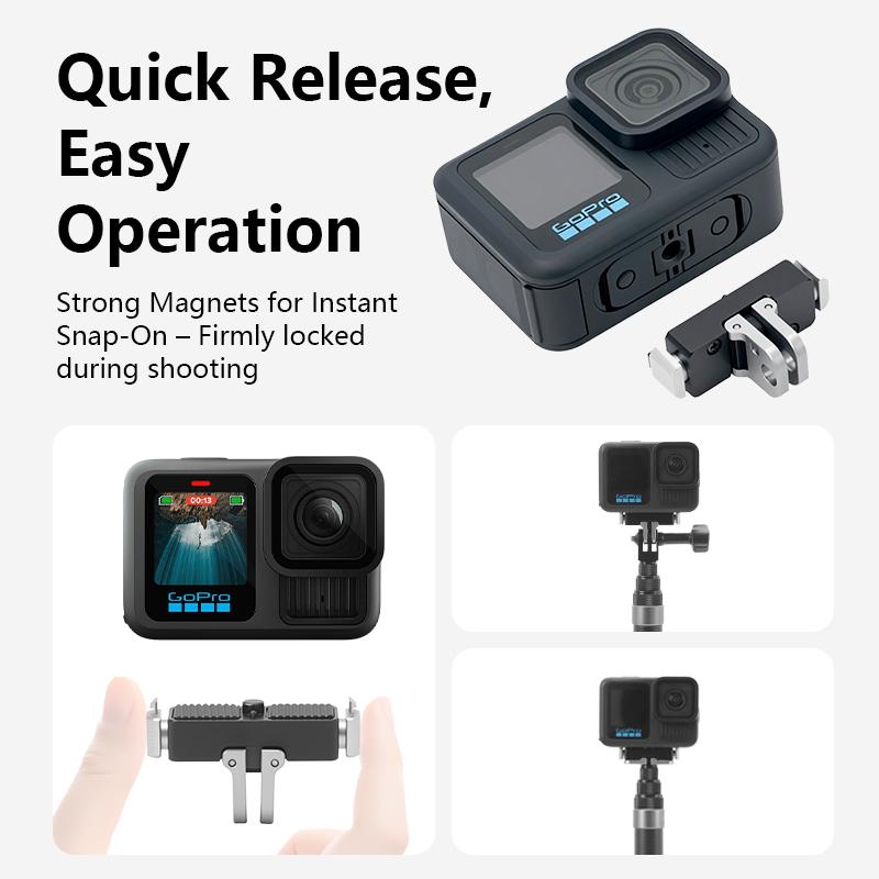 Sports Camera Magnetic Bracket Adapter Selfie Stick, Snap on Magnetic Quick Release Plate, 1/4 Thread Adapter for Sports Camera