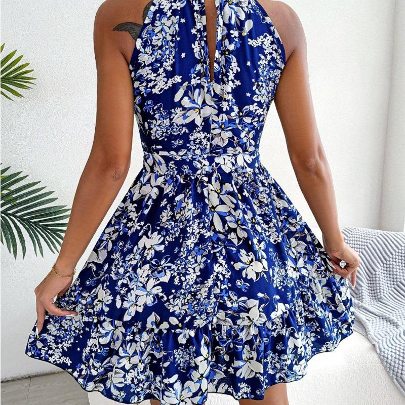 Spring Summer Women Halter Neck Sleeveless Temperament Lace Up Ruffled Floral A Line Short Dress S-XXL