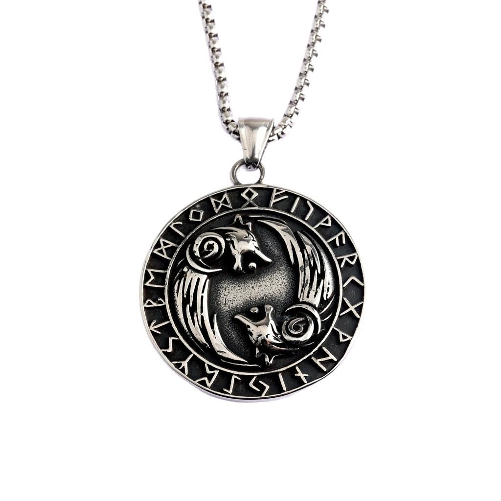 Collana Bussola Vikinga con Testa di Lupo Doppia - Ciondolo Runa in Acciaio Inossidabile per Uomini