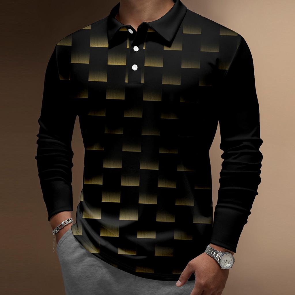 Herren-Revers-Langarm-bedrucktes Freizeit-Oberteil, lockeres Sport-Revers-Hemd