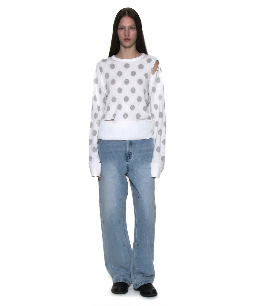 PARTIMENTO WOMEN Cutout Polka Dot Jacquard Knit Crew Neck_White