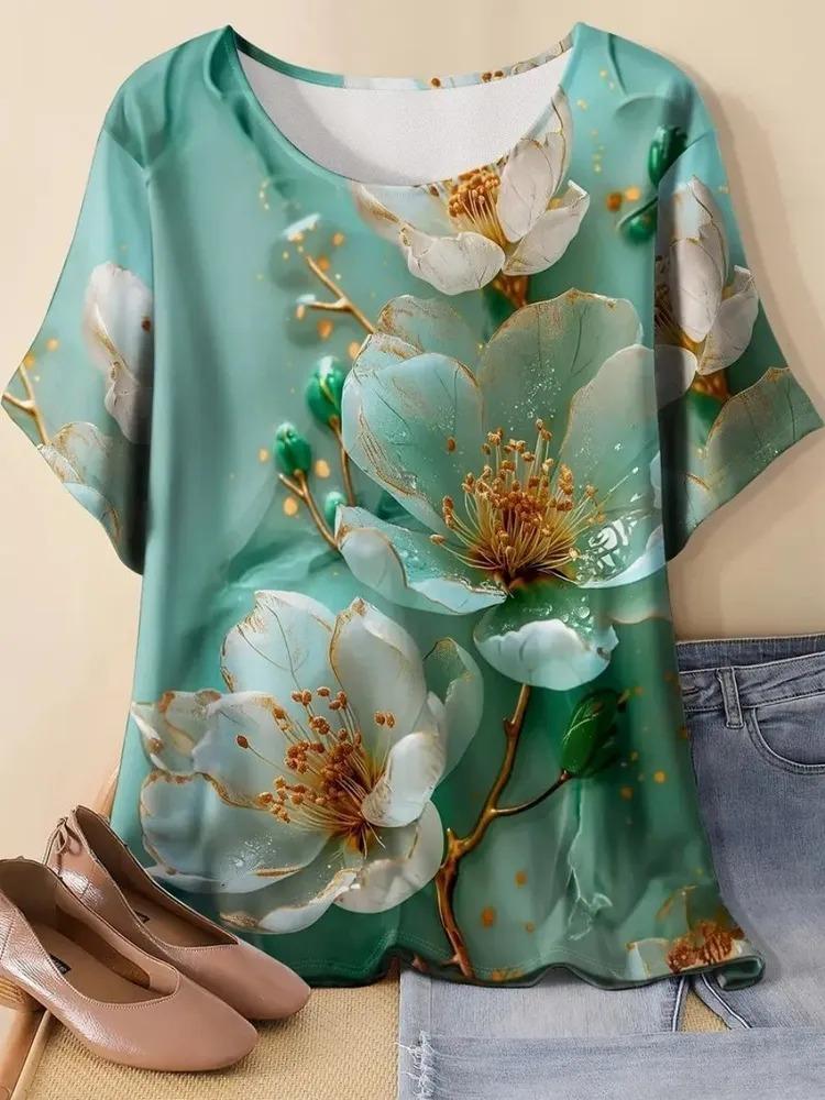 Summer women's printed pattern T-shirt casual short sleeved top fashionable women's round neck T-shirt