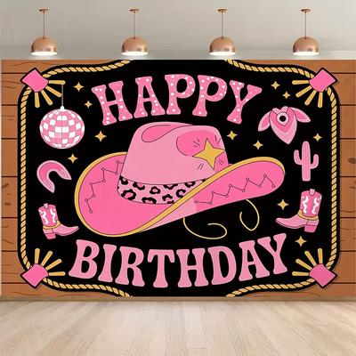 2D Disco Cowgirl Backdrop "Happy Birthday" Western Themed Photo Booth Background