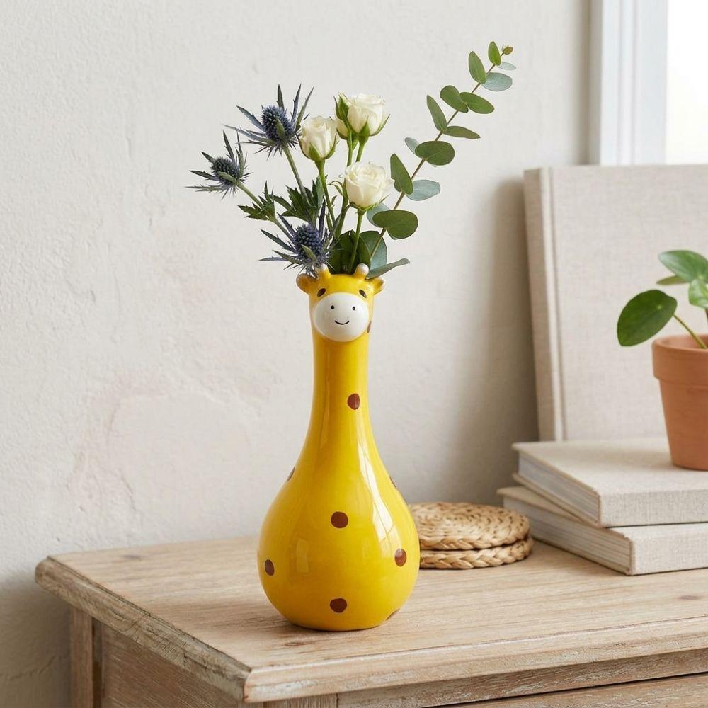 Hand Painted Cartoon Giraffe Resin Vase Novelty Cute Animal Flower Holder  Desktop Decor