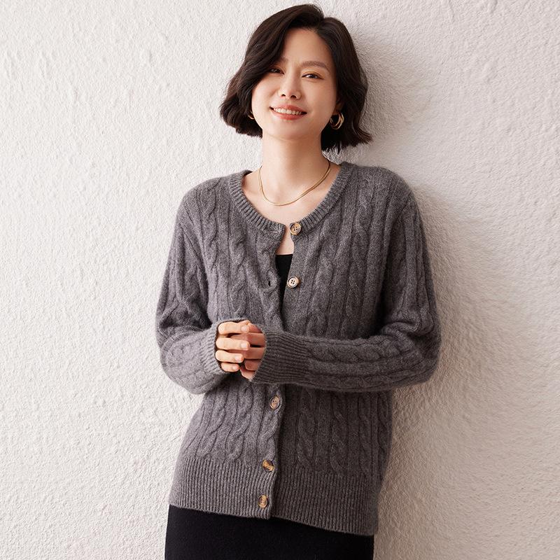 Women's Thick Cable Knit Cashmere Cardigan - Autumn/Winter Round Neck Loose Knitwear Jacket