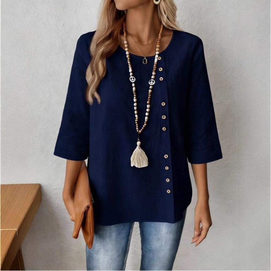Women's Loose-fitting, Casual And Stylish Single-breasted 3/4 sleeved Cotton And Linen Top