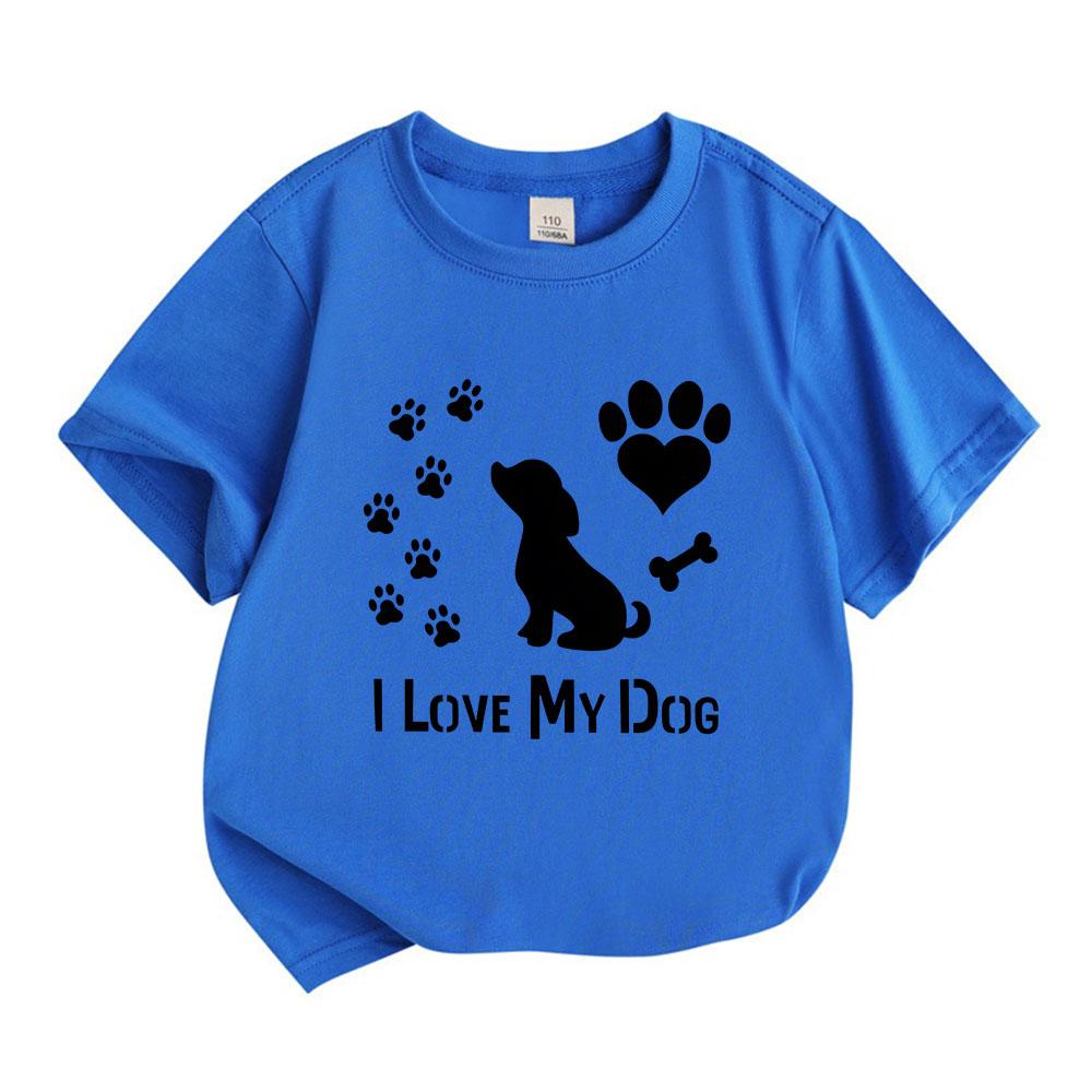 Kids Boys Girls 100% Cotton Crew Neck Short Sleeve T-Shirt, I Love My Dog Paw Print Heart Bone Pattern Casual Soft Tee for Children Daily Wear Puppy L