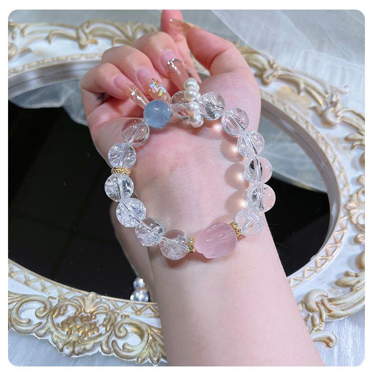 Qiaoen Aquamarine & Rose Quartz White Aze Large Bead Women's Bracelet