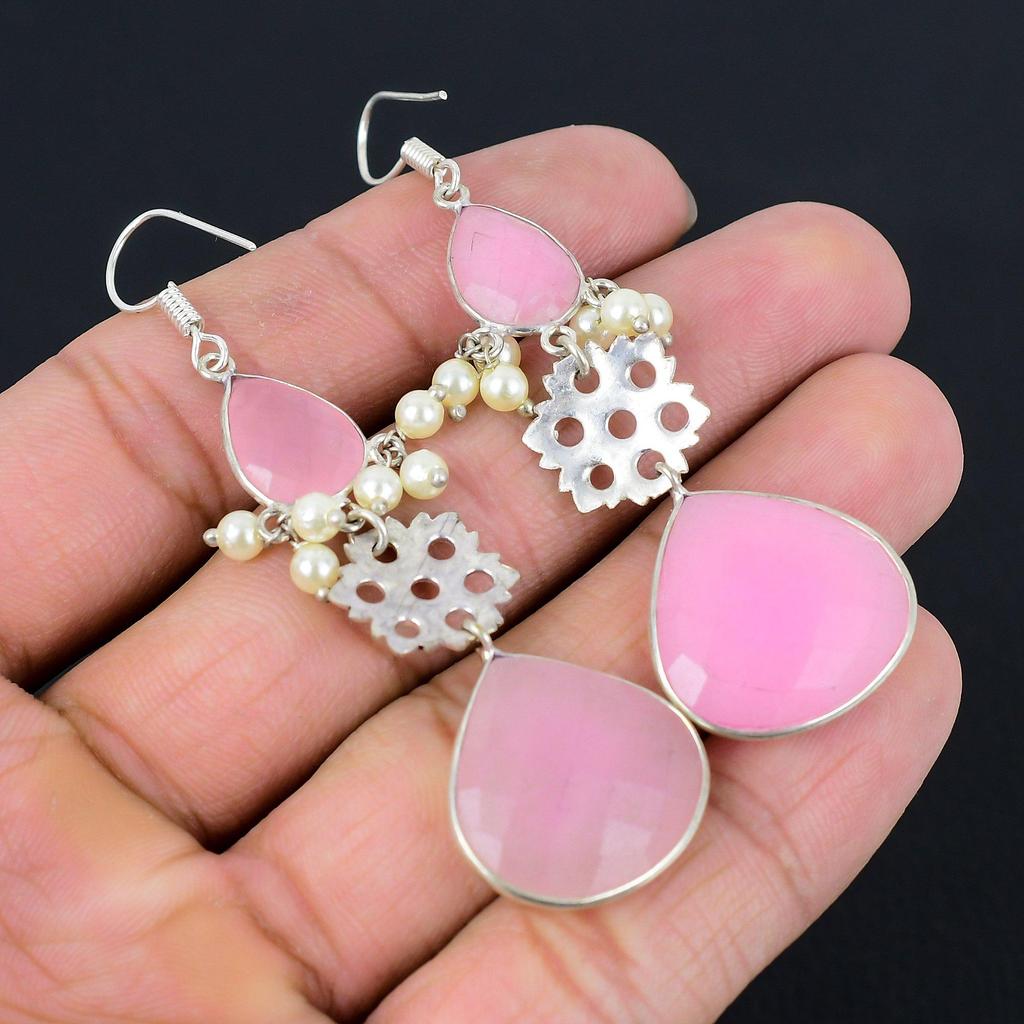 Sisters Day Sale Pink Chalcedony Stone 925 Sterling Silver Drop Earrings Jewelry