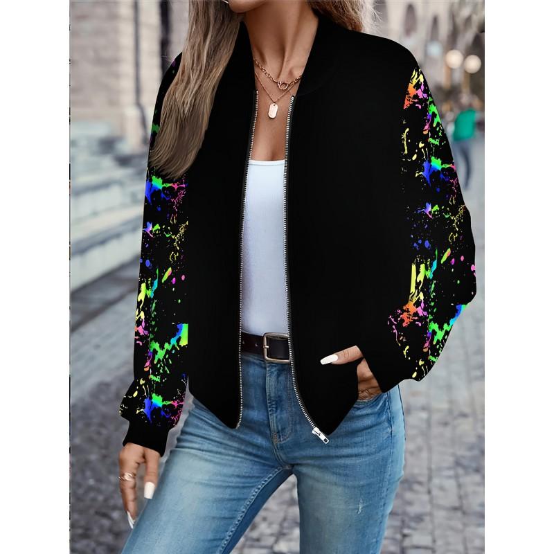Womens Casual Zip-Up Jacket With 3D Letter Print Fashion Lightweight Outerwear Daily Wear