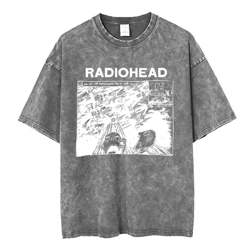 Vintage Washed Radiohead Semaphore Rock Band T-shirt Men  Clothing Fashion Hip Hop Gothic T Shirts Cotton Casual T-shirts