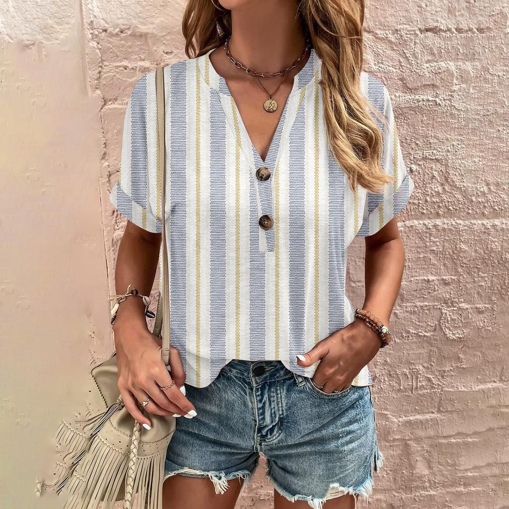 Fashion Womens Loose Summer Printing V Neck Button Button Short Sleeve Casual Tops