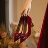 Red Xiuhe Chunky Heel Pointed Toe Wedding Shoes for Brides, 2025 New Style, Plus Sizes 32-43
