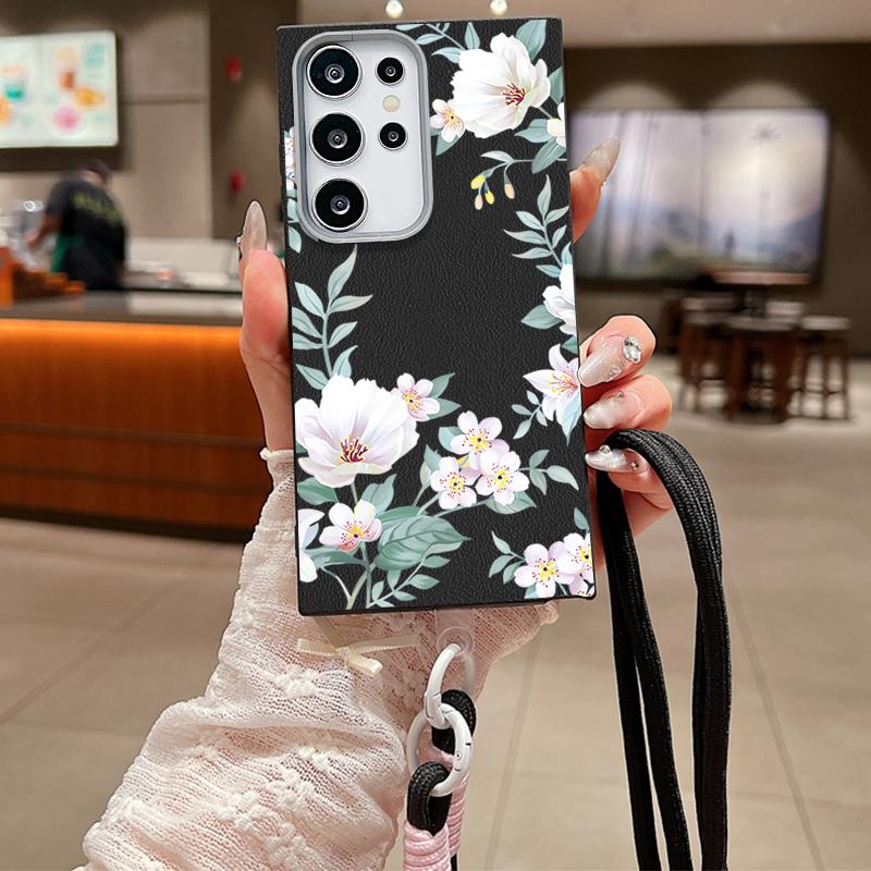 For Samsung S25 Ultra S24 FE S23 S22 A16 A56 A36 A55 A26 A35 Case Flower Pattern Slim Shockproof Matte Leather Texture TPU Soft Lanyard Phone Cover