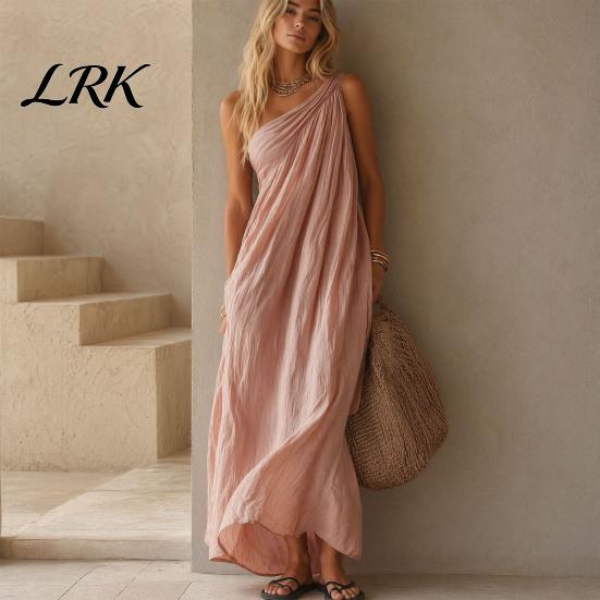 Comfortable Daily Dress Women's Summer One Shoulder Beach Sundress, Pleated A-line Lightweight Women Flowy Long Dress, Casual Loose Travel Vacation