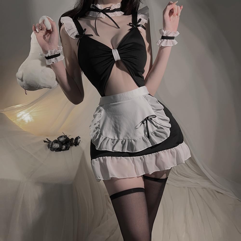 Cosplay Sexy Maid Aberto Extremamente Erótico Conjunto de Halloween [YUEEI] Uniforme, Peito, Preto, Rosa, Transparente, Ombro à mostra, Babados, Sexy, Avental, Fantasia,