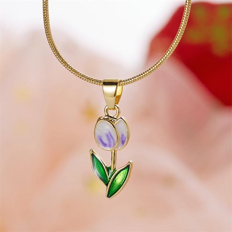 

Vintage Elegant Enamel Tulip Flower Pendant Necklace For Women Fashion Young Girls Personality Accessories Clavicle Chain Choker