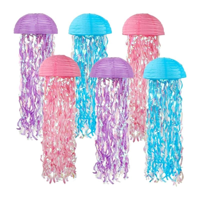 Set of 6 Ocean Theme Jellyfish Paper Hangings Colorful Hanging Decoration for Birthday Parties and Baby Showers